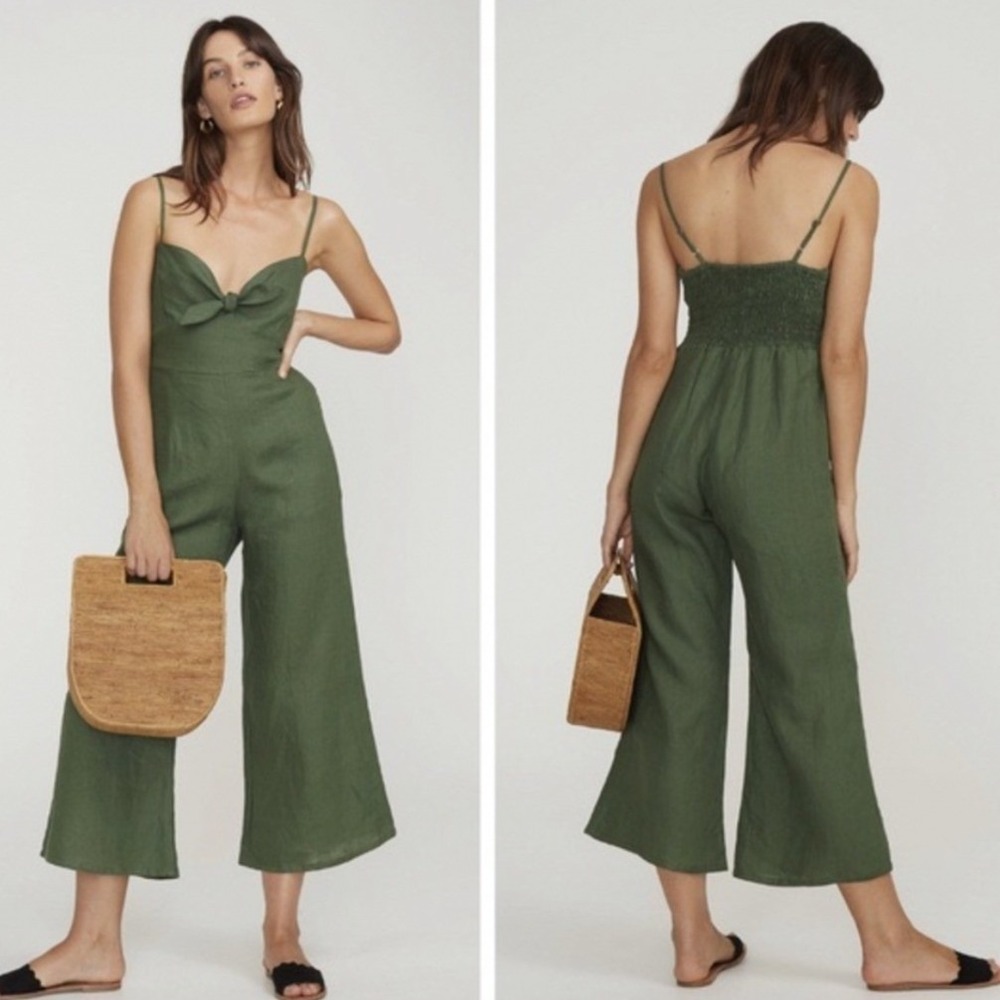 Faithfull‎ The Brand Presley Tie Front Linen Jumpsuit Olive Green Small